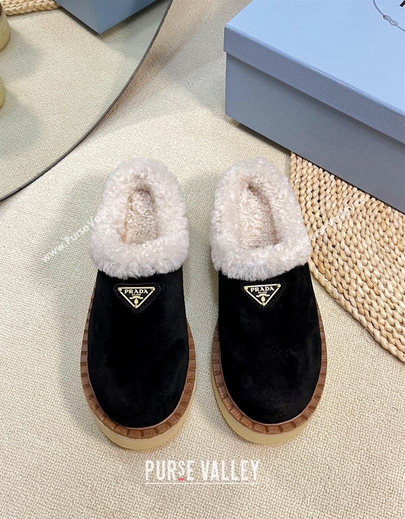 Prada Suede and Wool Platform Mules Black 2024 1S715N (KL-241115049)