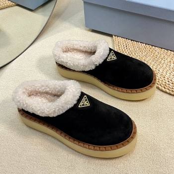 Prada Suede and Wool Platform Mules Black 2024 1S715N (KL-241122063)