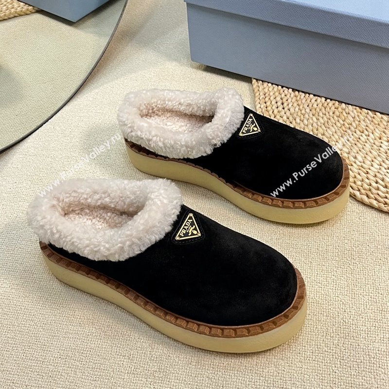 Prada Suede and Wool Platform Mules Black 2024 1S715N (KL-241122063)