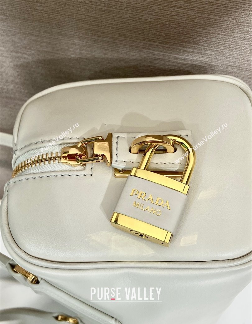 Prada Medium leather top-handle bag with padlock White 2024 1BB127 (YZ-241213046)