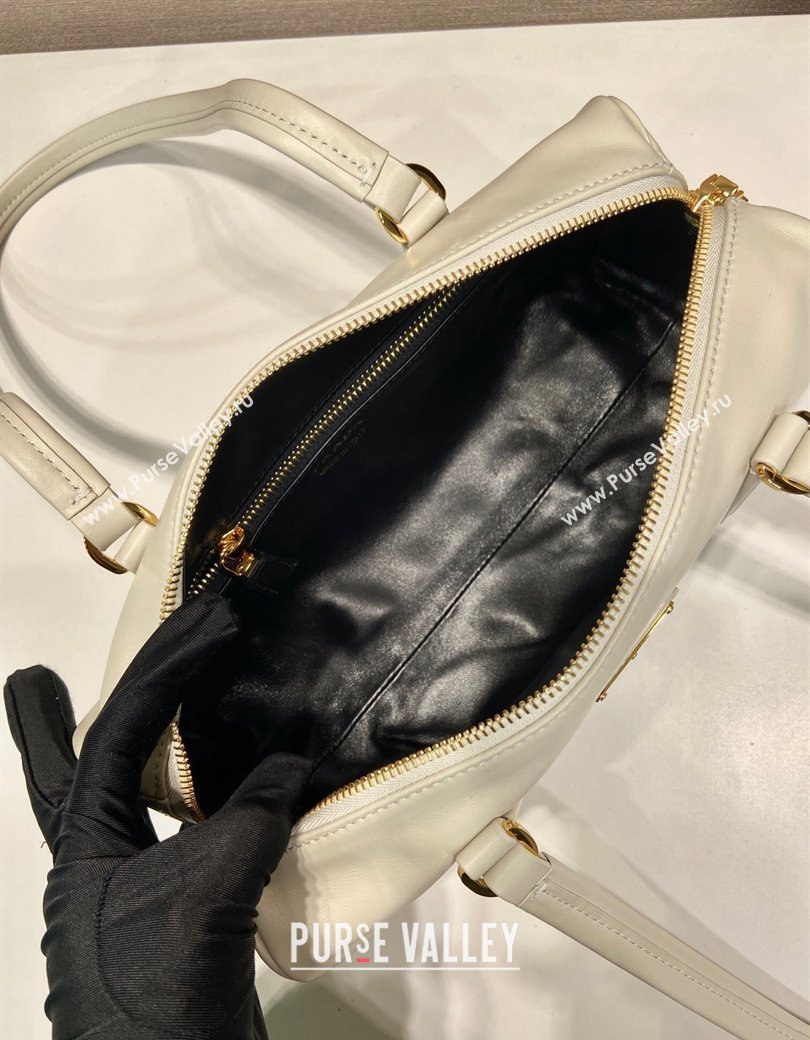 Prada Medium leather top-handle bag with padlock White 2024 1BB127 (YZ-241213046)