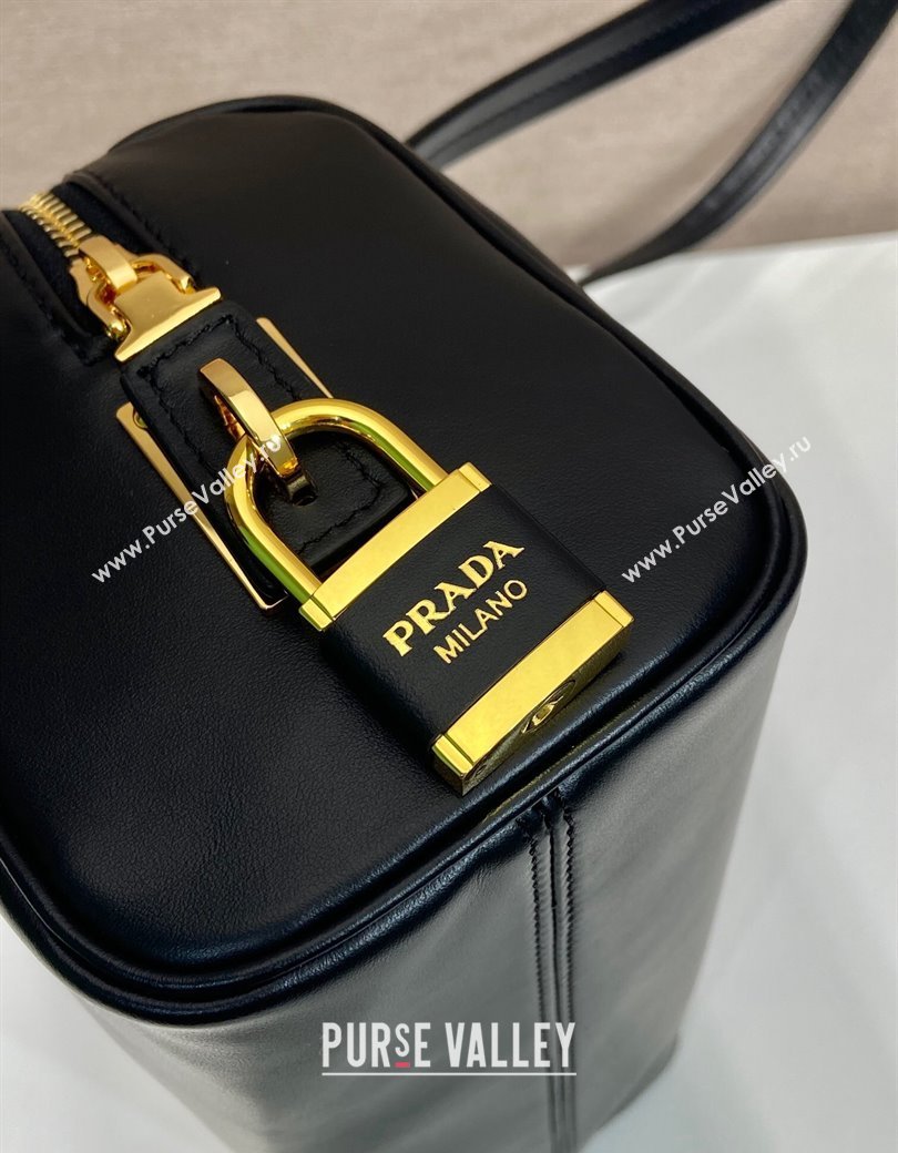 Prada Medium leather top-handle bag with padlock Black 2024 1BB127 (YZ-241213047)