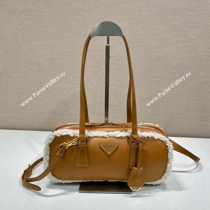 Prada Medium shearling two-handle bag 1BB124 Cognac Brown 2024 (YZ-241213037)