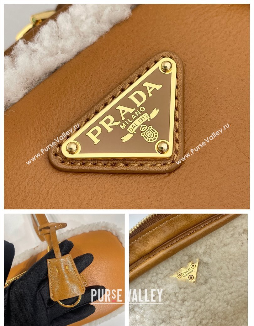 Prada Medium shearling two-handle bag 1BB124 Cognac Brown 2024 (YZ-241213037)