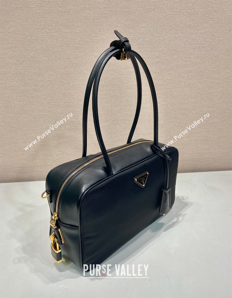 Prada Re-Nylon and leather medium top-handle bag with padlock black 2024 1BB132 (YZ-241213066)