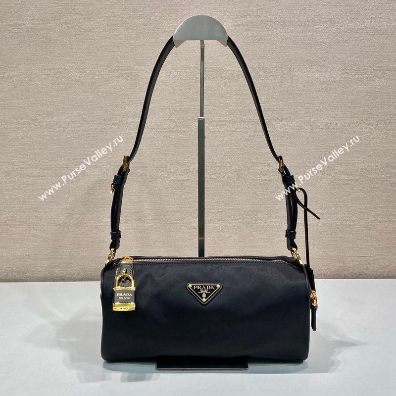 Prada Medium Re-Nylon and leather shoulder bag with padlock black 2024 1BC233 (YZ-241213073)