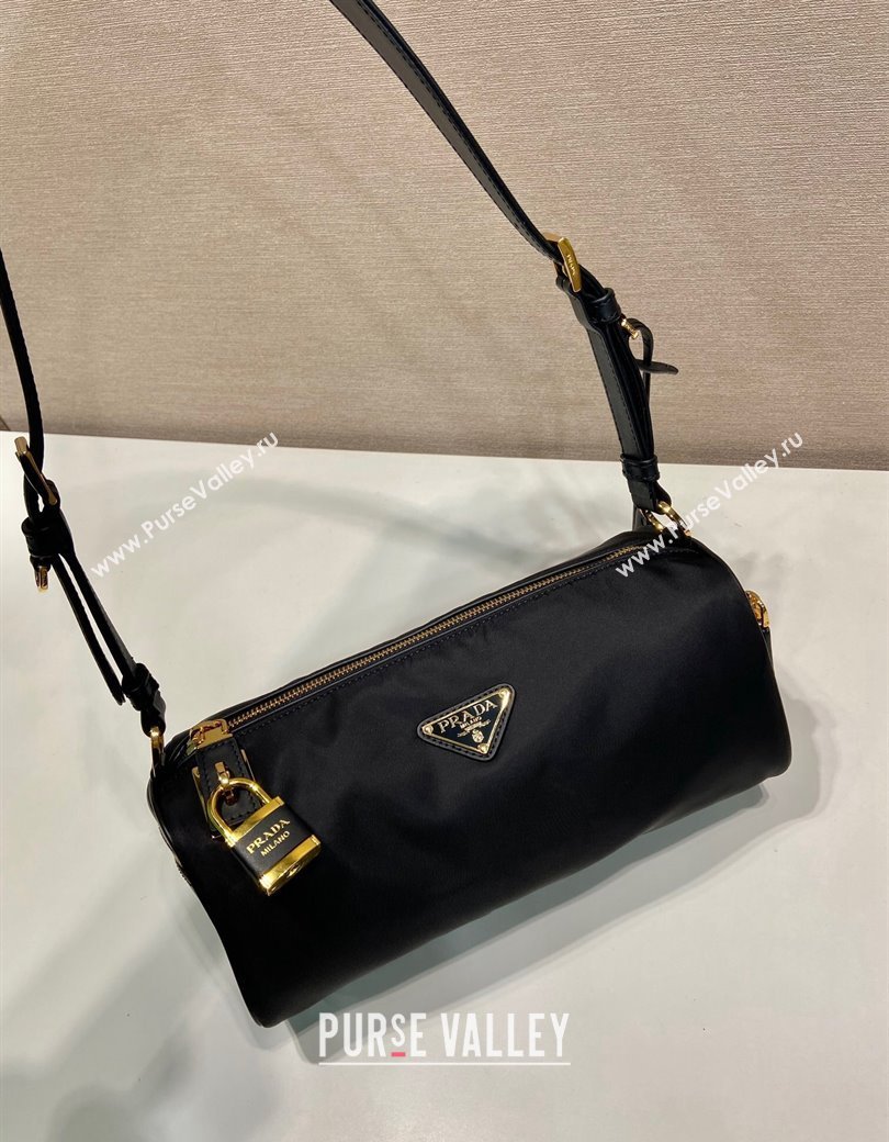 Prada Medium Re-Nylon and leather shoulder bag with padlock black 2024 1BC233 (YZ-241213073)