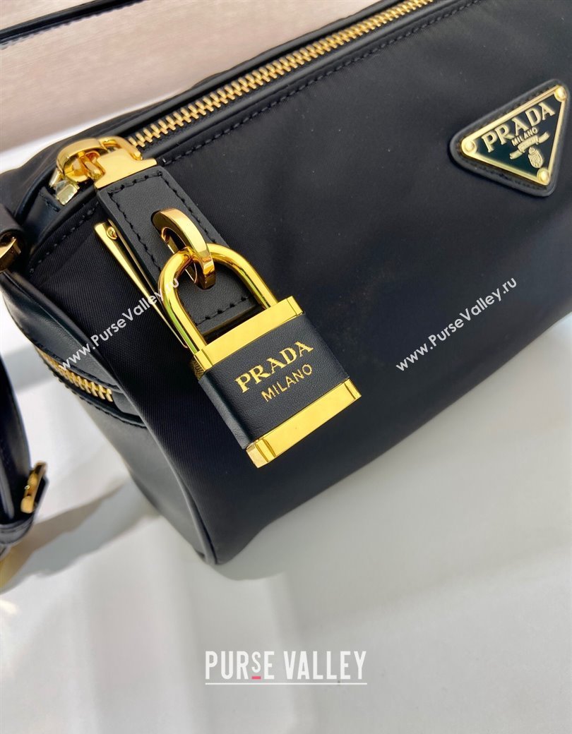 Prada Medium Re-Nylon and leather shoulder bag with padlock black 2024 1BC233 (YZ-241213073)