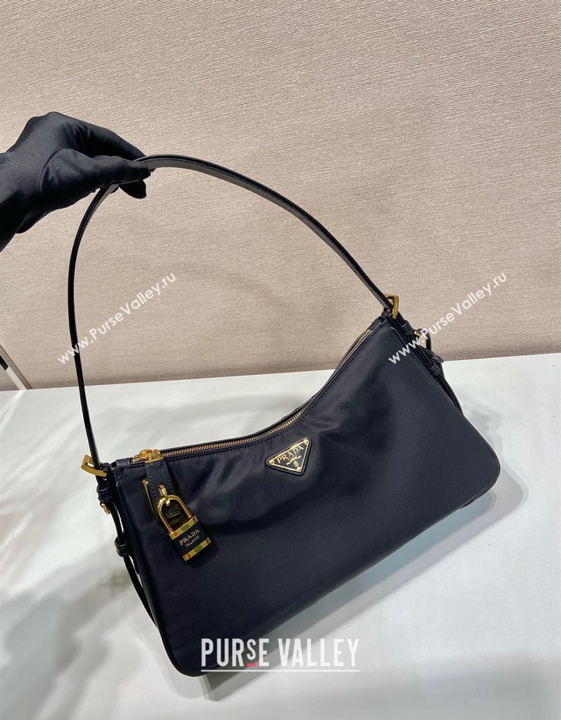 Prada Aimee large Re-Nylon and leather shoulder bag with padlock black 2024 1BC232 (YZ-241213074)