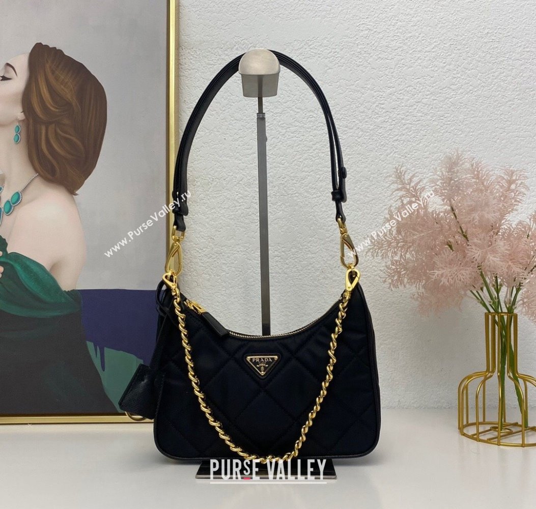 Prada Re-Edition quilted nylon mini Hobo bag Black 2024 1BC204 (nana-241213100)