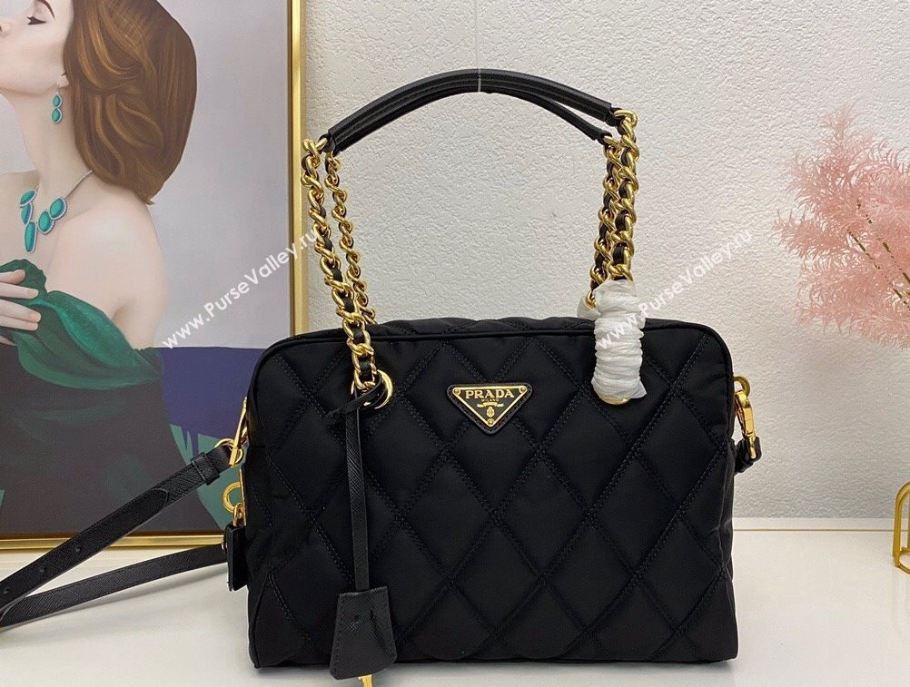 Prada quilted nylon medium shoulder bag 1BG903 Black 2024 (nana-241213101)