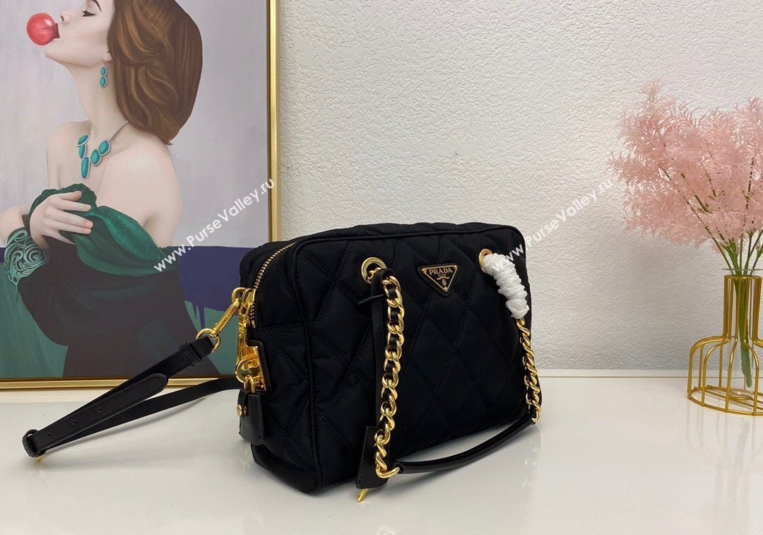 Prada quilted nylon medium shoulder bag 1BG903 Black 2024 (nana-241213101)