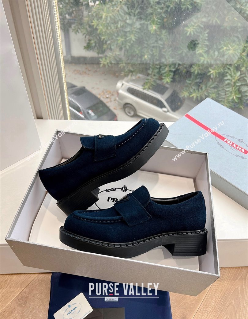 Prada Suede Platform Loafers Dark Blue 2024 G042 1227 (KL-241227089)