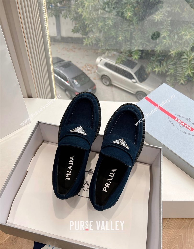 Prada Suede Platform Loafers Dark Blue 2024 G042 1227 (KL-241227089)