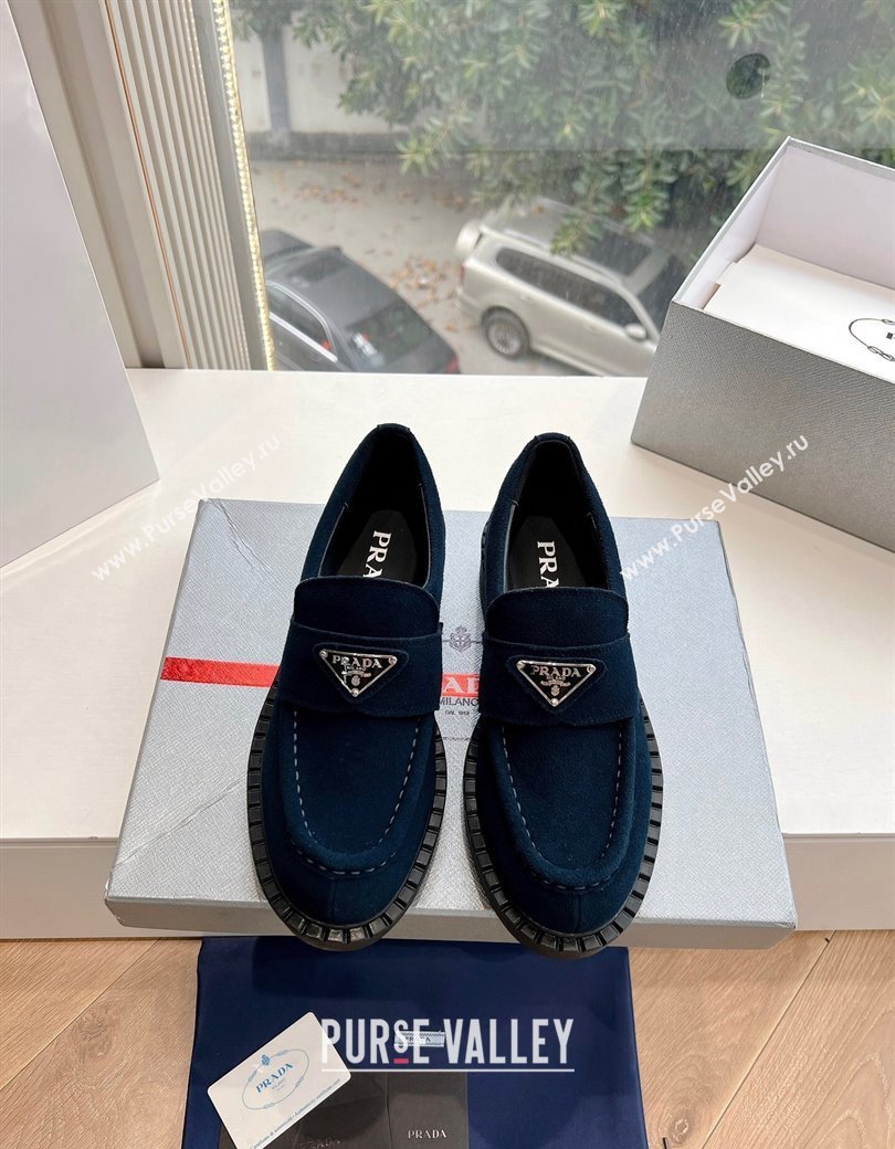 Prada Suede Platform Loafers Dark Blue 2024 G042 1227 (KL-241227089)