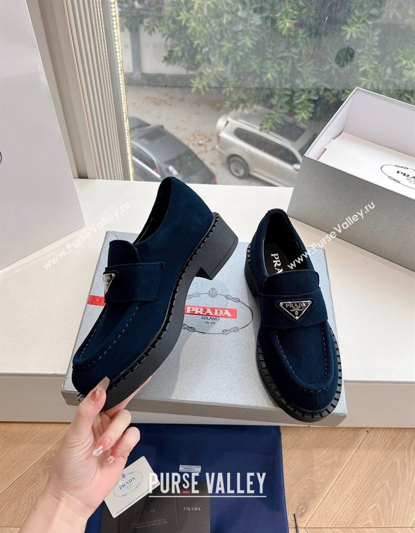 Prada Suede Platform Loafers Dark Blue 2024 G042 1227 (KL-241227089)