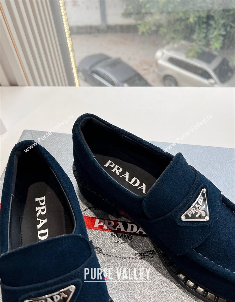 Prada Suede Platform Loafers Dark Blue 2024 G042 1227 (KL-241227089)