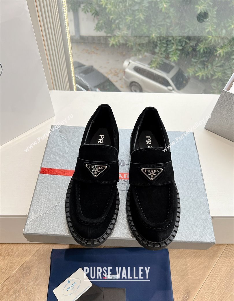 Prada Suede Platform Loafers Black 2024 G042 1227 (KL-241227095)