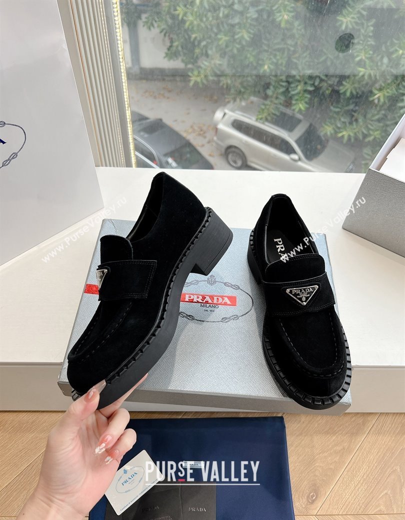 Prada Suede Platform Loafers Black 2024 G042 1227 (KL-241227095)