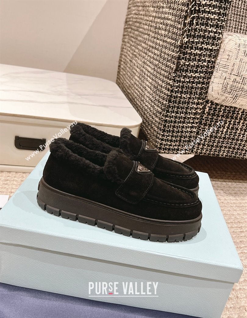 Prada Suede and Shearling Platform Loafers Black 2024 1227 (KL-241227096)