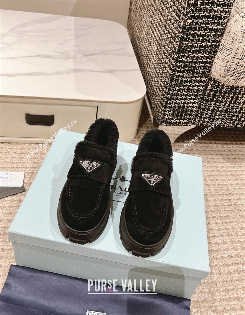 Prada Suede and Shearling Platform Loafers Black 2024 1227 (KL-241227096)