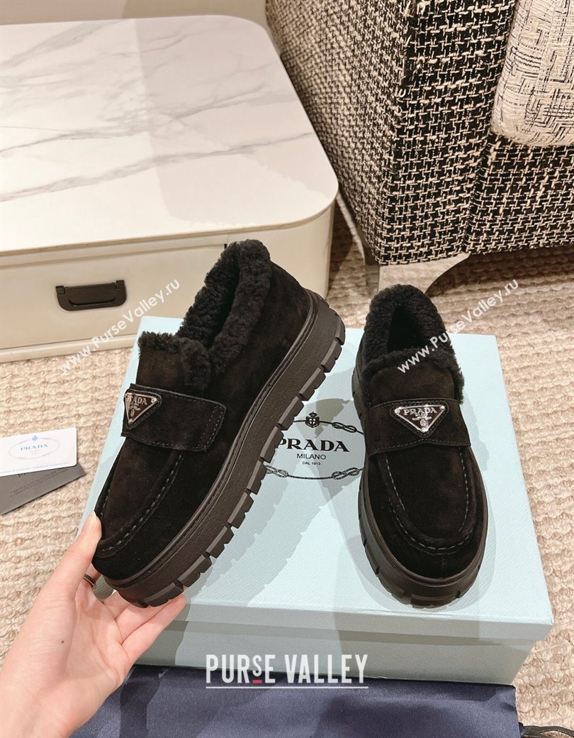 Prada Suede and Shearling Platform Loafers Black 2024 1227 (KL-241227096)