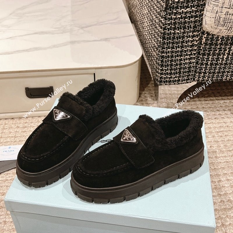 Prada Suede and Shearling Platform Loafers Black 2024 1227 (KL-241227096)