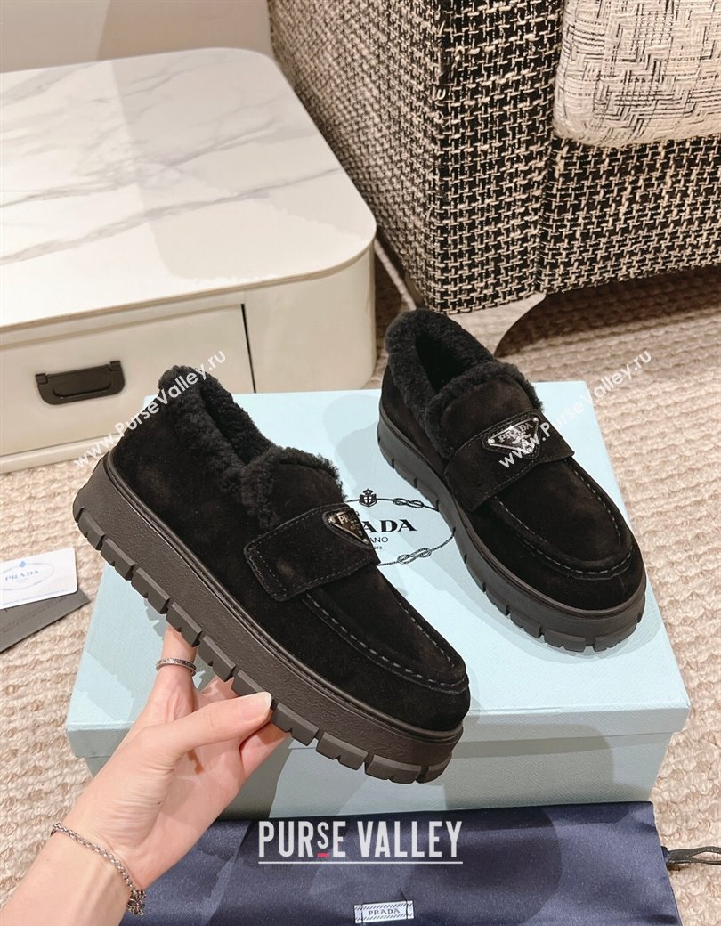 Prada Suede and Shearling Platform Loafers Black 2024 1227 (KL-241227096)