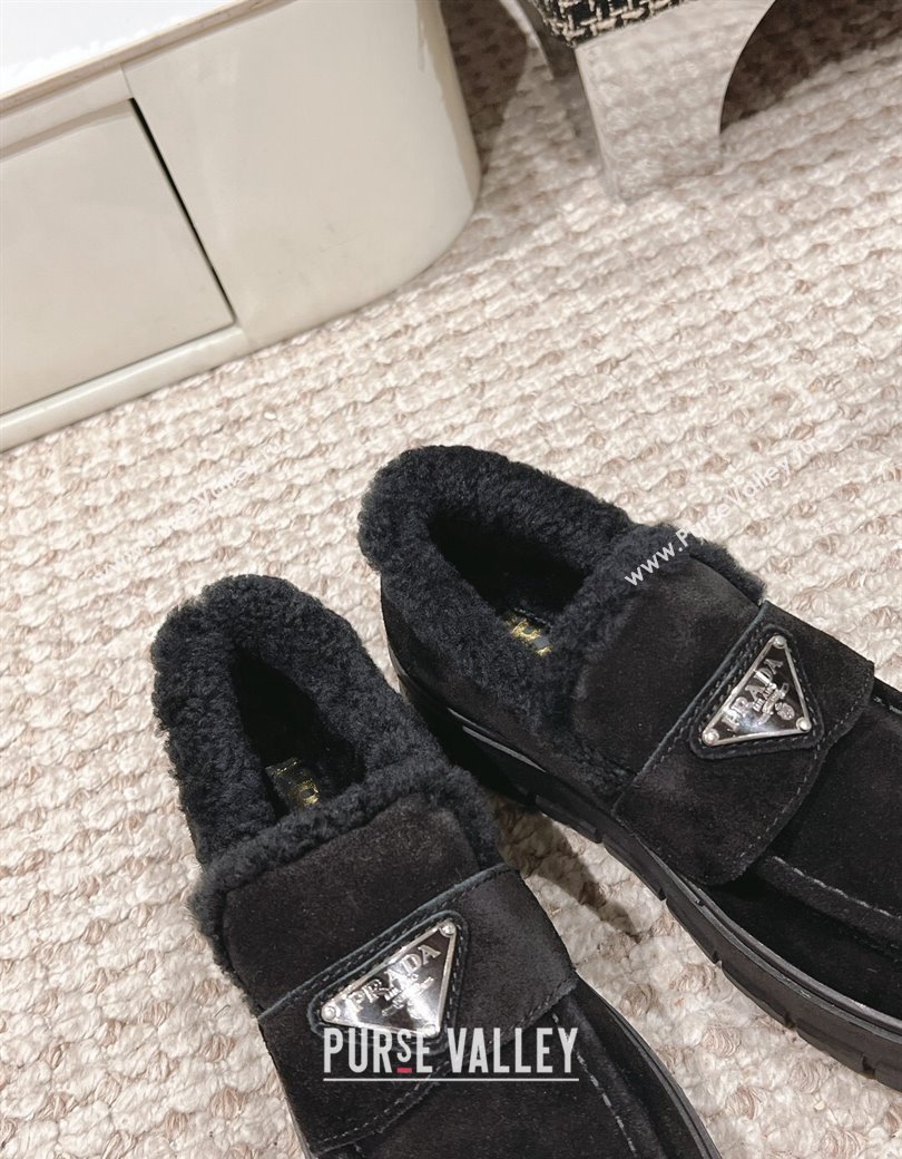 Prada Suede and Shearling Platform Loafers Black 2024 1227 (KL-241227096)