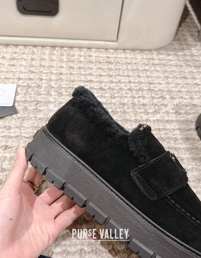 Prada Suede and Shearling Platform Loafers Black 2024 1227 (KL-241227096)