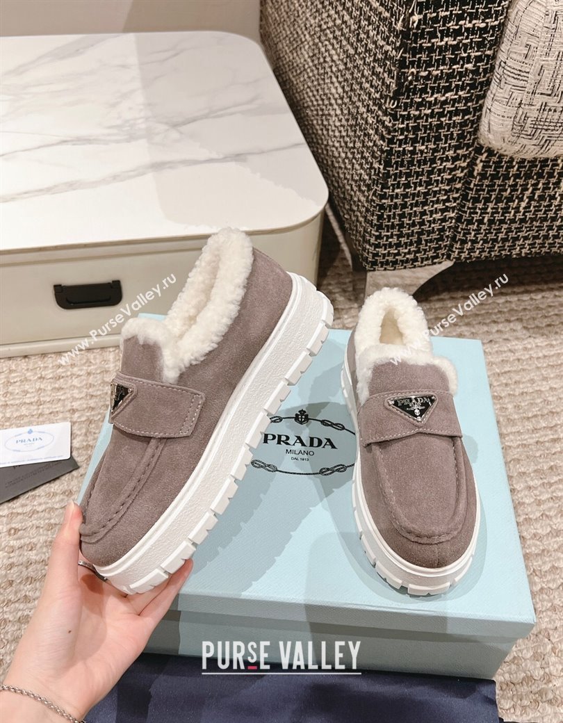 Prada Suede and Shearling Platform Loafers Dark Grey 2024 1227 (KL-241227098)