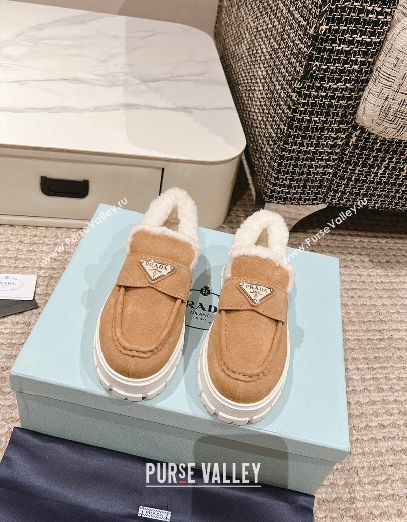 Prada Suede and Shearling Platform Loafers Light Brown 2024 1227 (KL-241227099)