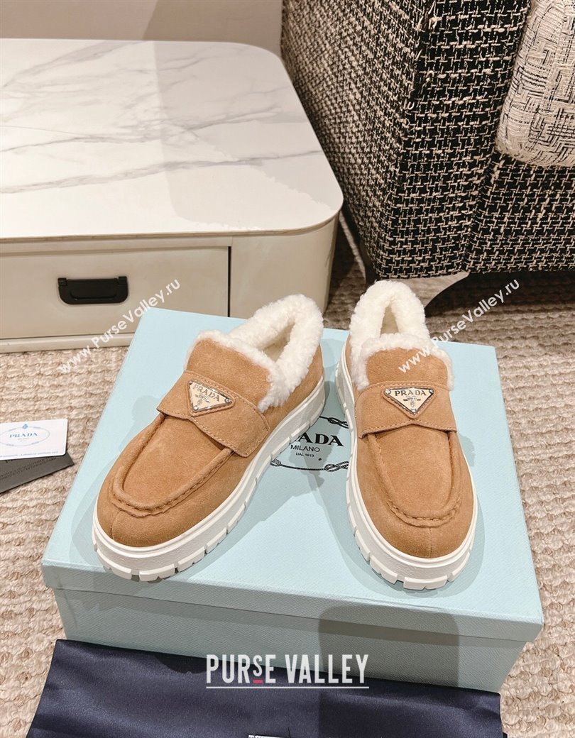 Prada Suede and Shearling Platform Loafers Light Brown 2024 1227 (KL-241227099)