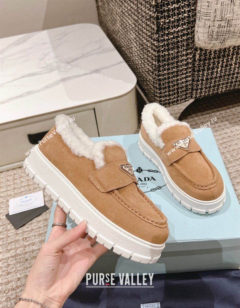 Prada Suede and Shearling Platform Loafers Light Brown 2024 1227 (KL-241227099)