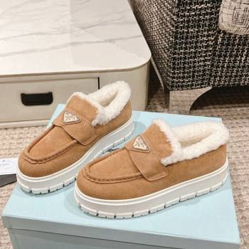 Prada Suede and Shearling Platform Loafers Light Brown 2024 1227 (KL-241227099)