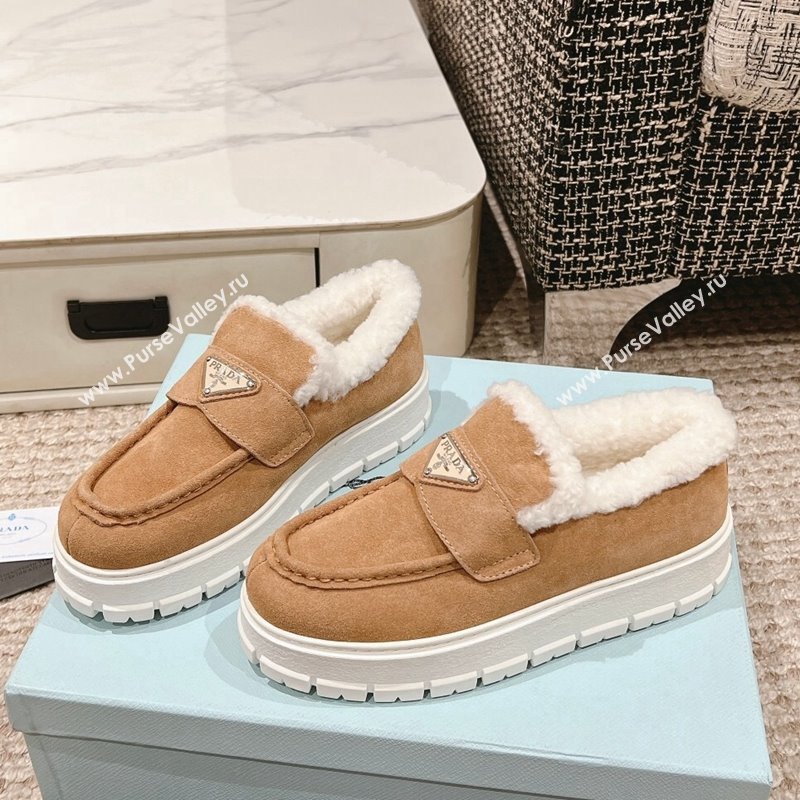 Prada Suede and Shearling Platform Loafers Light Brown 2024 1227 (KL-241227099)