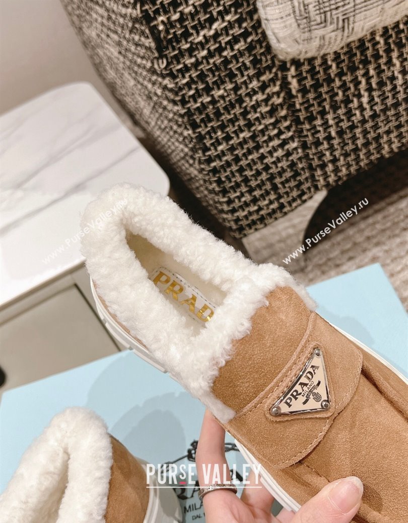 Prada Suede and Shearling Platform Loafers Light Brown 2024 1227 (KL-241227099)