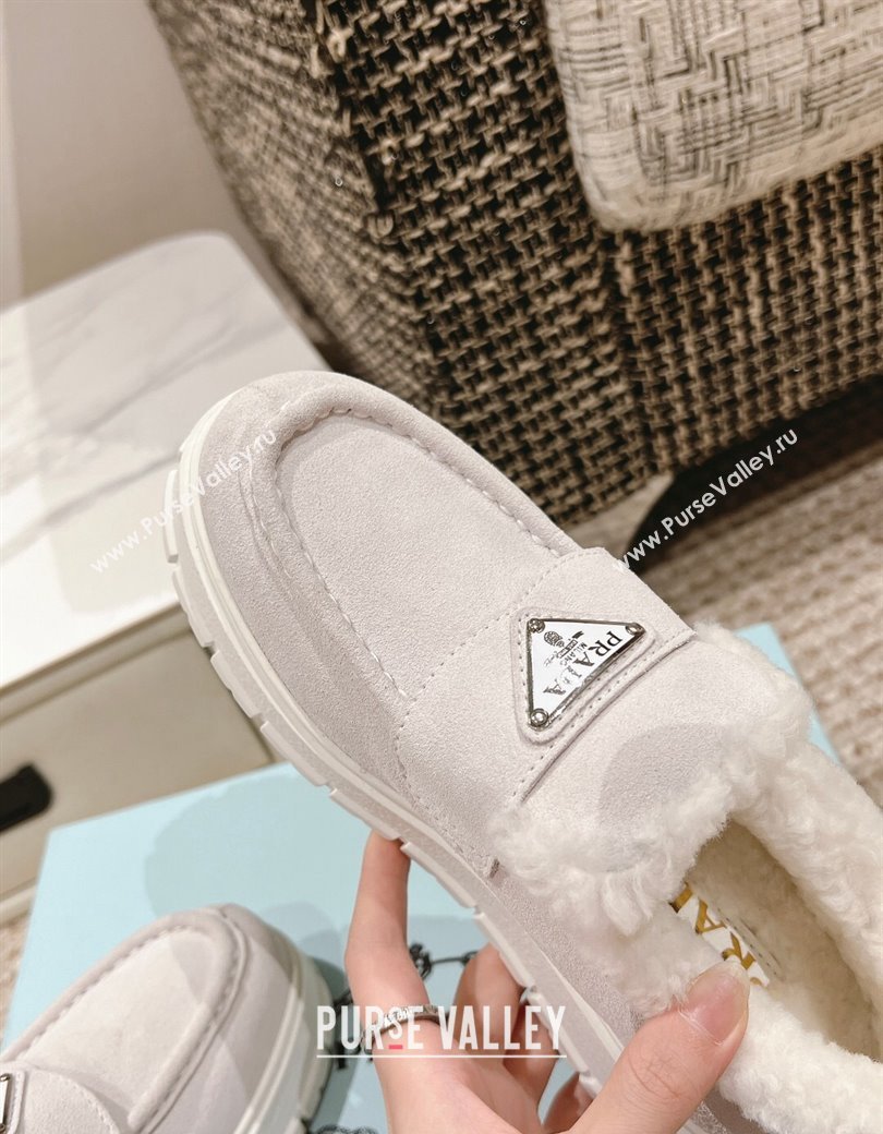 Prada Suede and Shearling Platform Loafers Light Grey 2024 1227 (KL-241227100)