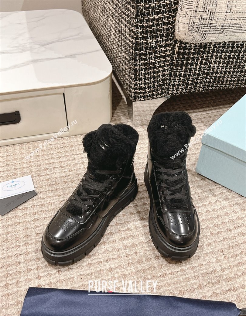 Prada Brushed Leather and Shearling Platform Laced-up Ankle Boots Black 2024 1227 (KL-241227101)