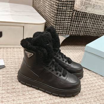 Prada Calf Leather and Shearling Platform Laced-up Ankle Boots Black 2024 1227 (KL-241227102)