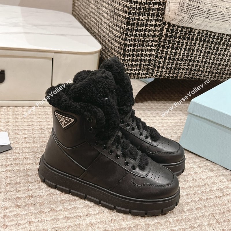 Prada Calf Leather and Shearling Platform Laced-up Ankle Boots Black 2024 1227 (KL-241227102)