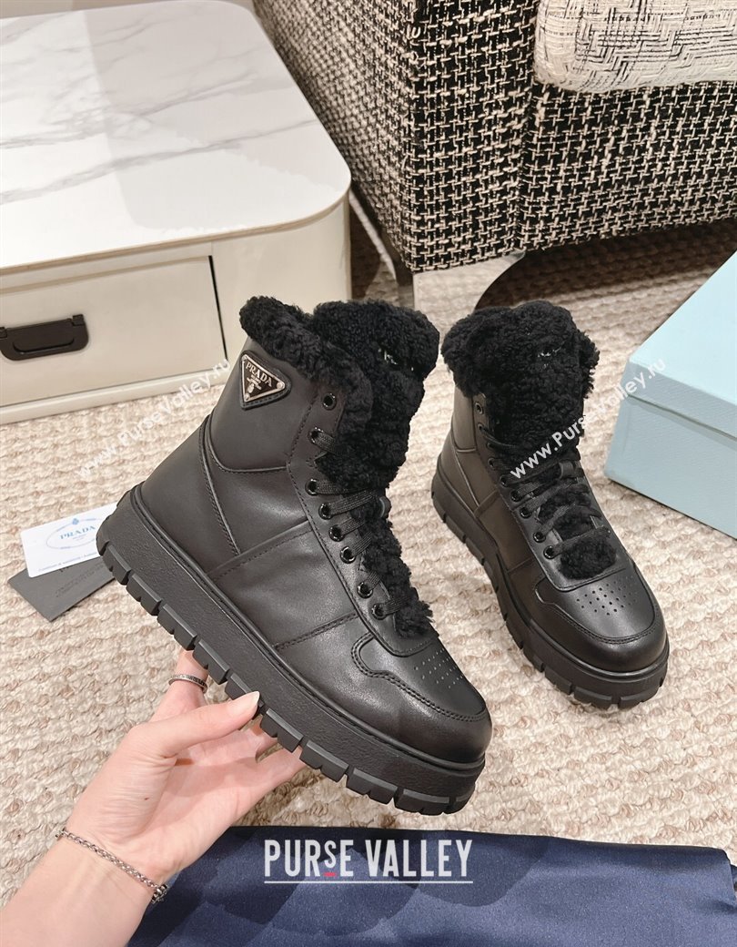 Prada Calf Leather and Shearling Platform Laced-up Ankle Boots Black 2024 1227 (KL-241227102)