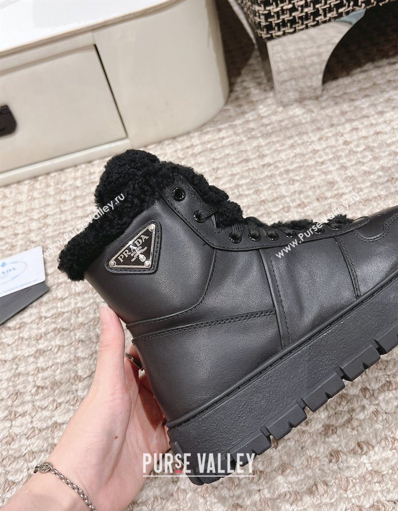 Prada Calf Leather and Shearling Platform Laced-up Ankle Boots Black 2024 1227 (KL-241227102)