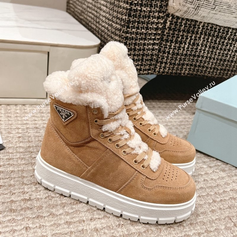 Prada Suede and Shearling Platform Laced-up Ankle Boots Light Brown 2024 1227 (KL-241227103)