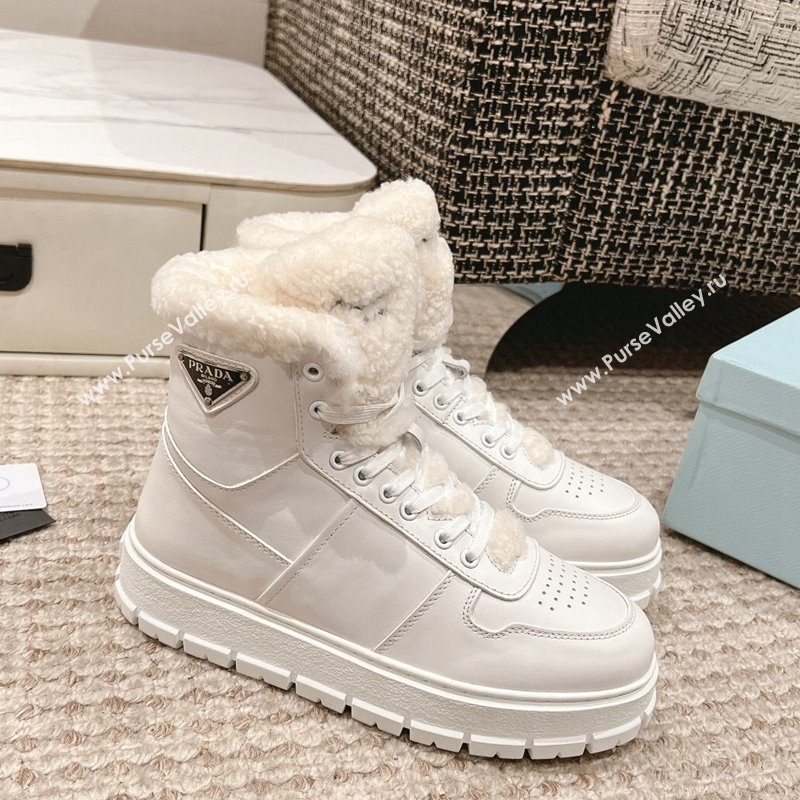 Prada Leather and Shearling Platform Laced-up Ankle Boots White 2024 1227 (KL-241227104)