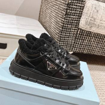 Prada Brushed Leather and Shearling Mid-top Platform Sneakers Black 2024 1227 (KL-241227105)