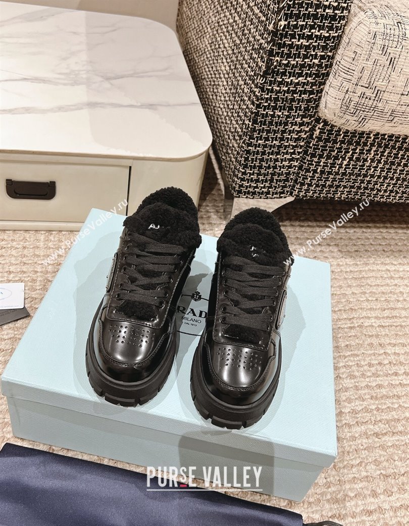 Prada Brushed Leather and Shearling Mid-top Platform Sneakers Black 2024 1227 (KL-241227105)