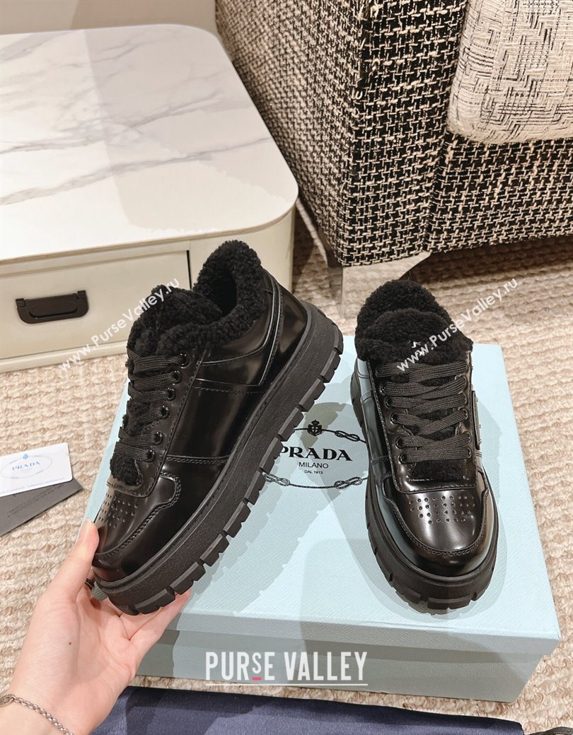 Prada Brushed Leather and Shearling Mid-top Platform Sneakers Black 2024 1227 (KL-241227105)