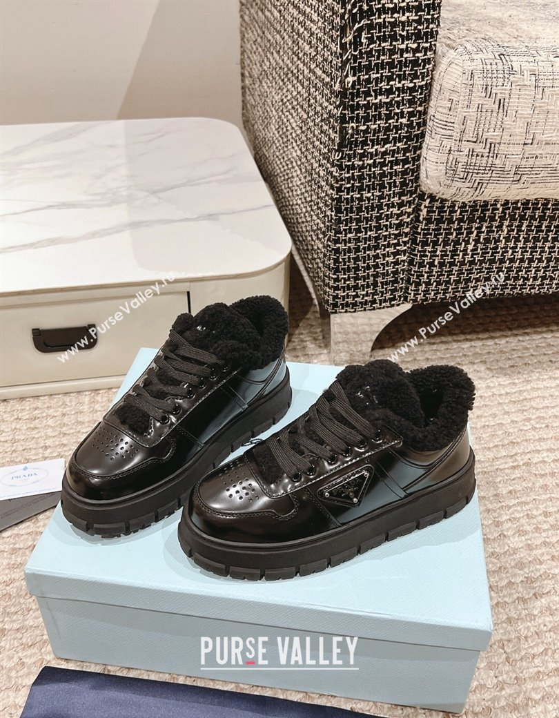 Prada Brushed Leather and Shearling Mid-top Platform Sneakers Black 2024 1227 (KL-241227105)