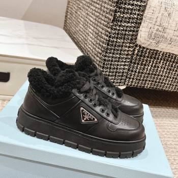 Prada Calf Leather and Shearling Mid-top Platform Sneakers Black 2024 1227 (KL-241227106)